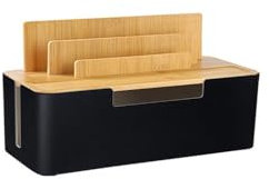 BUYSK Scatola per la gestione dei cavi con coperchio in legno, organizzatore multidispositivo per telefoni/tablet/smartwatch, organizzatore di cavi da tavolo per uno spazio di lavoro ordinato (Nero)