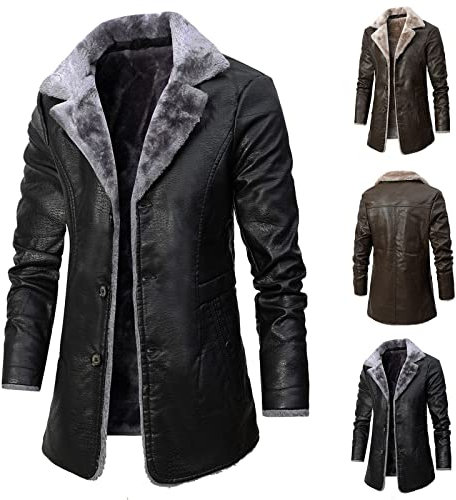 Giacca da uomo in pelle 3/4 lunghezza pelliccia sintetica in ecopelle calda giacca invernale lunga in pelle PU spolverino foderato(Black,XX-Large)