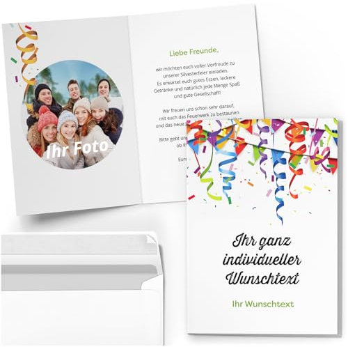 10 PERSONALISIERTE Grußkarten Party Geburtstag Einladung Danke Neujahr Silvester mit eigenem Text und Foto - Individuell anpassbare Karten Klappkarten mit Umschlag - Partyschlangen