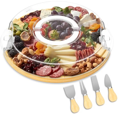 MinBoo Bamboo Round Charcuterie Board with Clear Lid, Travel Picnic Portable Cheese Board Charcuterie Boxes, Meat Fruit Serving Tray Platter, House Warming Gifts New Home, Gifts for Women