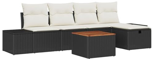 vidaXL 6-teiliges Garten-Sofaset mit Kissen, schwarzes Poly-Rattan-Sitzmöbel für 5 Personen, rechteckiger Couchtisch, Coole Gartenmöbel für Terrasse und Patio, modulares Lounge-Set