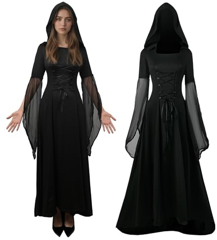 JDFAIJEAL - Vestito medievale gotico da donna, abito vintage vittoriano con cintura annodata e cappuccio, costume di Halloween per donne, travestimento per feste rinascimentali e cosplay, Nero , XL