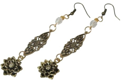Flower Dangle Drop Earrings Antiqued Brass Art Deco Victorian Style Art Nouveau Renaissance Wedding Earrings Gift For Her