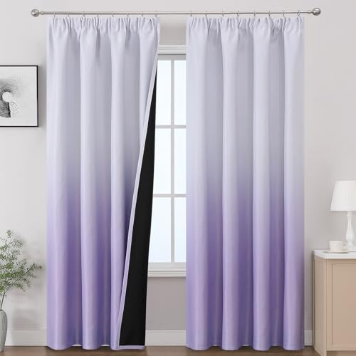 VEHEDE Lilac and White Blackout Curtains for Bedroom, Thermal Insulated Full Room Darkening Ombre Curtain for Living Room with Pencil Pleat, 2 Panel 84 Inch Length Drapes, W52 x L84 Inch
