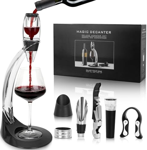 Wine Air Aerator Automatic Decanter Set 8-in-1, Acrylic Wine Decanter with Anti-Slip Base, Filter, Stand and Corkscrow for Wine Lovers Gift, Christmas New Year Party, Housewarming