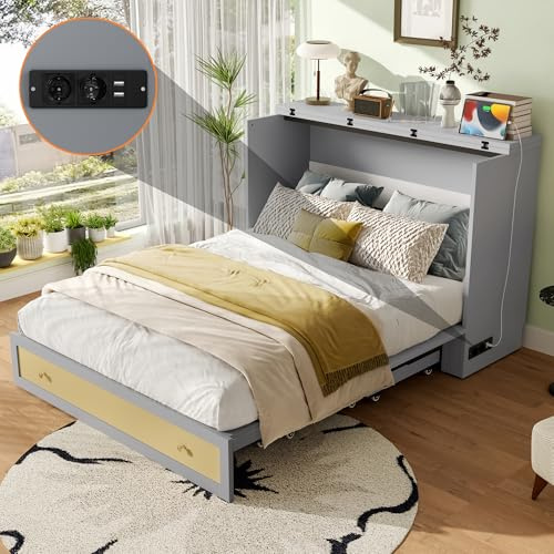 SACOOL Schrankbett 140 x 200 Mobiles mit Schubladen am Bettende Regal am Kopfende USB Steckdose Umbaubares Plattformbett Ohne Matratze Grau