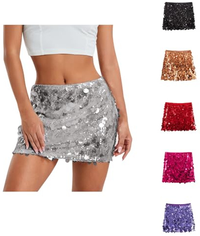 Generisch Falda de Lentejuelas, Purpurina, Cintura Elástica para Mujer, Falda Midi de Línea A, Mini, Negra, Fiesta, Carnaval, Rave