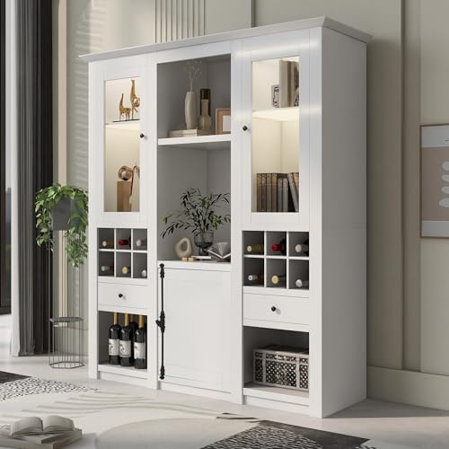 Weiße Hochglanz-Vitrine mit LED-Beleuchtung 3 Glasböden Acryltüren großer Stauraum Standvitrine Vitrinenschrank Hochschrank Wohnzimmerschrank Esszimmer Büro 80x35x180cm