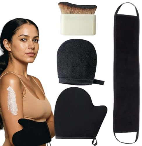 4Pcs Self-Tanning Mitt & Brush Set, Reusable Exfoliating Glove with Back Applicator, Dark Tan Lotion Applicator Gloves, Portable Soft Sunscreen Tool for Body