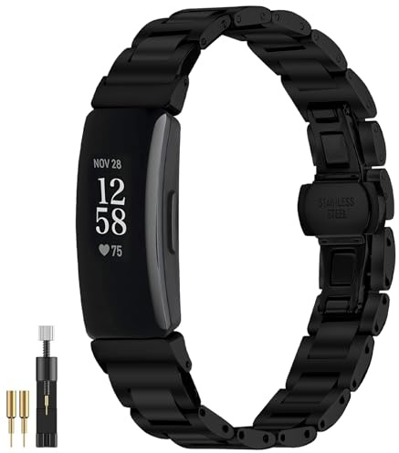 NINKI Metallrem kompatibel med Fitbit Inspire 2 lyxigt metalliskt länkarmband med justerbart spänne, uppfällbart rostfritt stål ersättningsarmband för kvinnor män, Rostfritt stål