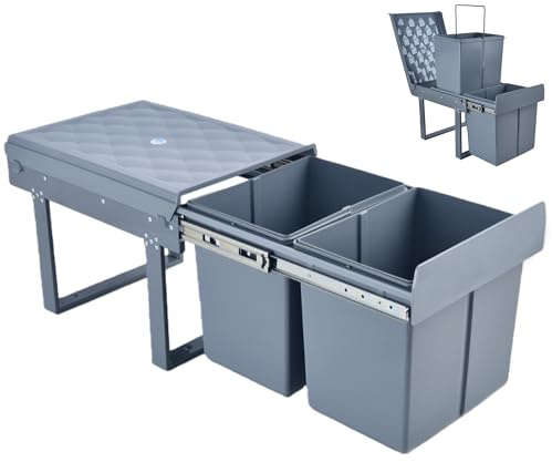 MinteLiv Einbaumülleimer ausziehbar Mülltrennsystem, Stahlrahmen, 2x15L | 2 Fächer, passend für Küchenunterschränke ab 40 cm Breite, 48x33x35cm, Küche, unter Spüle, Vollauszug
