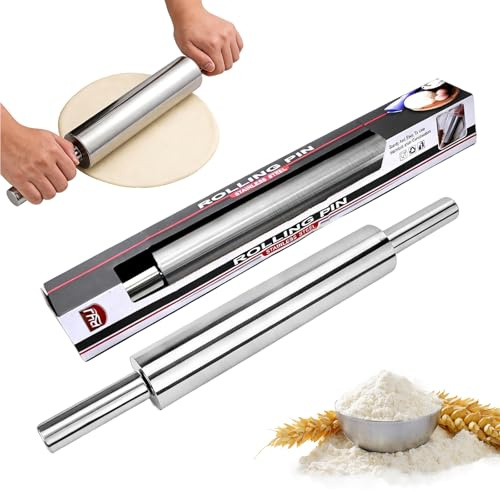 Junhonze Rodillo Antiadherente De Acero Inoxidable - Rodillo Cocina - Accesorio De ReposteríA, Adecuado Para Hacer Pizza, Masa, Galletas, Pasteles, Fondant, Masa Para Pasta (43 cm de largo)
