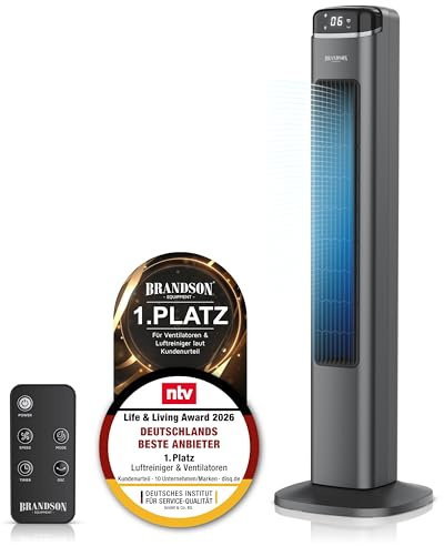 Brandson - Turmventilator sehr leise – Sieger Ventilatoren und Luftkühler 2026 - Oszillation – Nacht Modus – Natur Modus – 6 Geschwindigkeitsstufen – Schlafzimmer Wohnzimmer - mit Fernbedienung