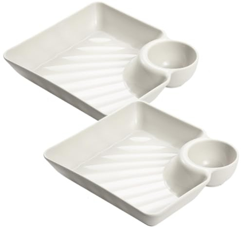 2 Pcs Dipping Bowls with Tray Design, Salad Bowl Serving Bowls Tableware | White, Depth of 3.6cm, not easy to spill, comes with a dip bowls, no need to hold a separate bowl, groove drainage design