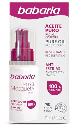 Babaria - Aceite de Rosa Mosqueta Puro 100% - 50ml | Acción Antiestrias y Capacidad Regeneradora de Cicatrices | Hidratante corporal y Facial | Vegano