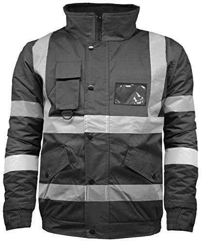High Visibility Safety Security Reflective Protective Waterproof Workwear Bomber Jacket Fluorescent (L, Black)