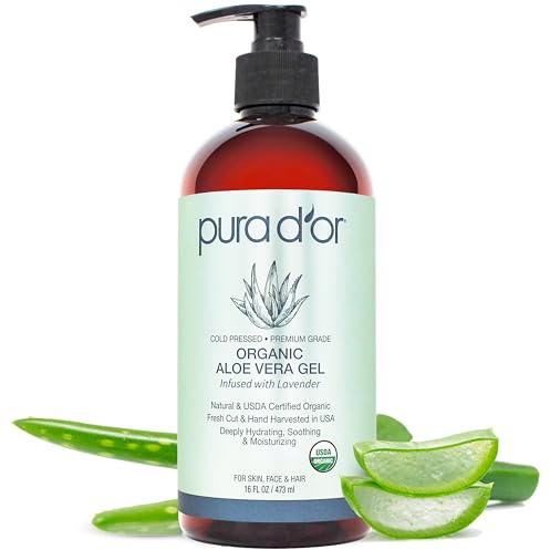 PURA D'OR 16 Oz ORGANIC Aloe Vera Gel - Lavender - All Natural - ZERO Artificial Preservatives - Deeply Hydrating & Moisturizing - Sunburn, Bug Bites, Rashes, Small Cuts, Eczema Relief - Skin & Hair