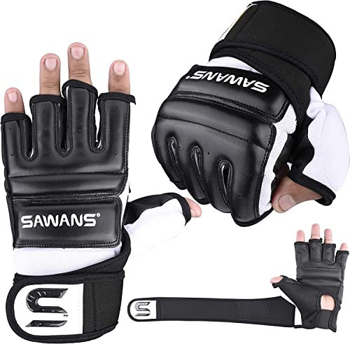 SAWANS Punch Bag Boxing Gloves Karate Mitts MMA Body Combat Taekwondo Training Martial Art Fighting Grappling Muay Thai (Black, Medium)