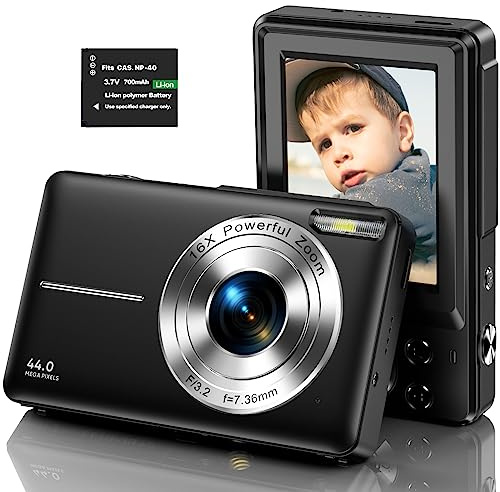 Appareil photo numérique compact 1080P - FHD - 44MP - Mini appareil photo de vlogging portable - Avec écran LCD, zoom numérique 16x et 1 pile - Pour étudiants, adolescents, filles, garçons - Noir