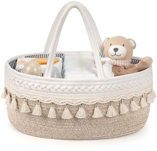 Maliton Panier Rangement Bébé, Boho Rangement Lange Bebe avec Compartiments et Poignées, Rangement Couches Bebe Portable, Panier Organisateur Bebe de Corde en Coton Cadeau pour nouveau-né