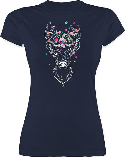 Shirt Damen - Kompatibel mit Oktoberfest - Hirsch - Hirschmotiv Geweih - XXL - Navy Blau - Trachtenmode trachtenshirt bayrische hirschen Tshirt Oktoberfest-t-Shirt Trachten t Shirts bayrisch