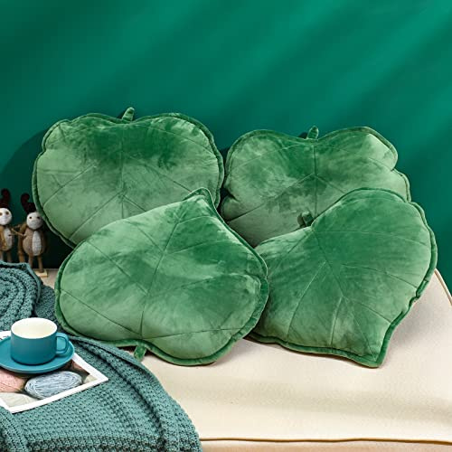 Tatuo 4 Pcs Leaf Shaped 3D Throw Pillows Plush Plant Pillow Novelty Dark Green Pillows Decorative Pillow for Plant Lovers Aesthetic Cute Pillow for Bed Sofa Car Floor Couch Living Room Bedroom Decor