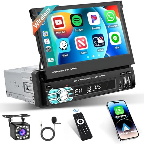 Hikity Autoradio 1 Din Wireless Carplay, 7 Pollici Schermo Estraibile Stereo 1 Din Touch Screen Bluetooth Vivavoce, Android Auto, Mirror Link, FM, USB AUX Tipo C, Telecamera Retromarcia