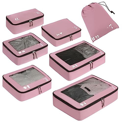 ECOHUB Koffer Organizer Packing Cubes 7-Teiliges Koffer Organizer Set Packwürfel Pet-Recycelte Packtaschen für Koffer Kofferorganizer für Rucksack schuhbeutel Kleidertaschen für Koffer(Rosa)