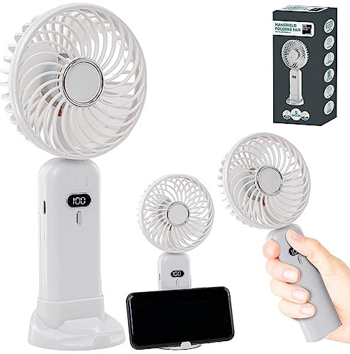 Supply Cube Foldable Handheld Fan with 3 Speed Settings – USB Rechargeable Portable Fan with LED Display & Mobile Phone Bracket – Perfect for Home, Office, Desk, Outdoors, and Travel Cooling - White