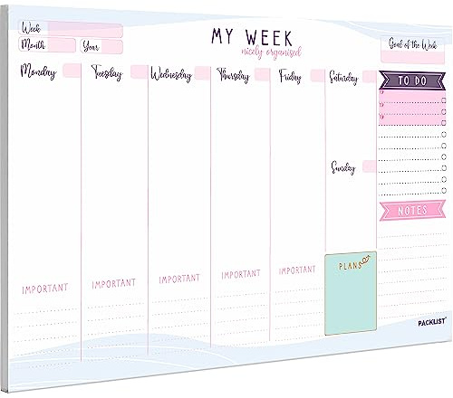 PACKLIST Weekly Planner Pad A4 - Stylish Undated Weekly Organiser, 52 Pages for Home, Study, Work & Family Plans - Beautiful Timetable Planner & Notes to Stay Organised & to Boost your Productivity