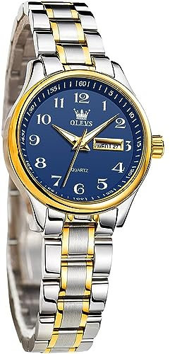 OLEVS Damenuhr Analoge Leicht zu lesen Armbanduhr mit Blau Kleines Gesicht Gold Silber Edelstahlband wasserdichte Day Date Uhr