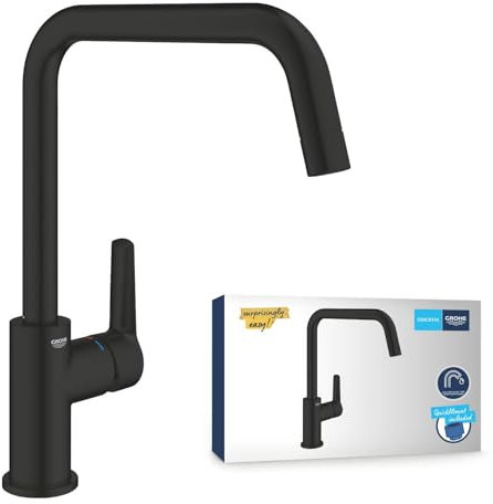 GROHE Start, Küchenarmatur (Wasserhahn für die Küche, 150° schwenkbar, wassersparende Spültischarmatur dank variabler Mengenbegrenzung, werkzeugfreie Spülbecken-Montage), schwarz, 304702430