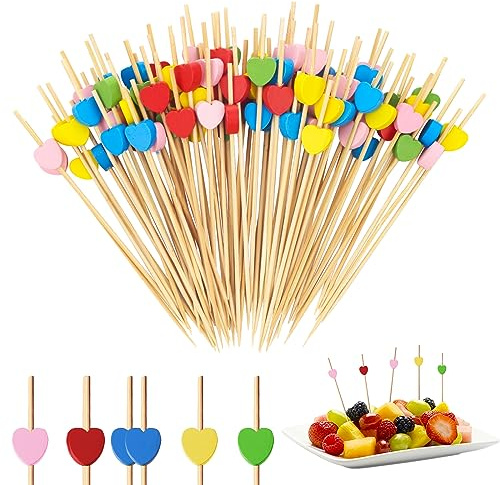 100 picchetti da cocktail in legno, stuzzicadenti, finger food, spiedini a forma di cuore, per decorazioni natalizie, bar, torte, feste, compleanni, feste, frutta, cocktail, decorazioni (colorate)