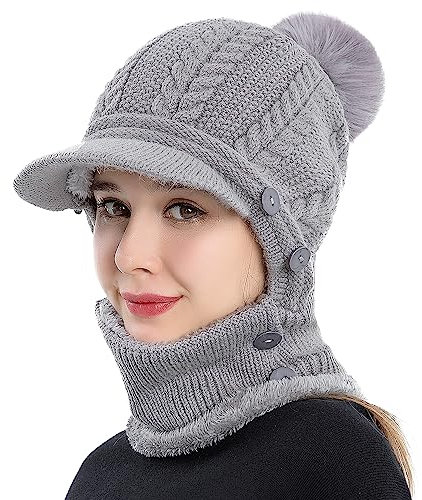 WANYIG 2 in 1 Winter Strickmütze Schal Mütze Set Winddichte Wintermütze Damen Fliegermütze mit Ohrenschutz Warm Skimütze mit Schal Bommel Plüschfutter(07 Grau)