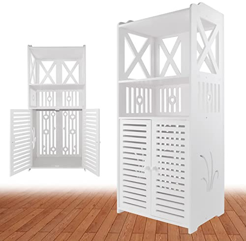 Bowose Badezimmerschrank Boden stehend wasserdicht Veranstalter Rack Toilettenpapier Lagerung, 4 Tier Regal, Doppeltüren, weiß wasserdicht PVC Board Badschrank platzsparend 40 x 25 x 90cm