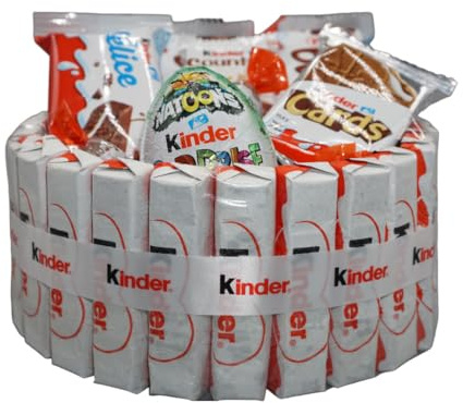 Ichuches. Cesta Chocolate,Tarta de productos kinder, regalos originales con kinder bueno, huevos kinder, kinder happy hippo. (Mediano)