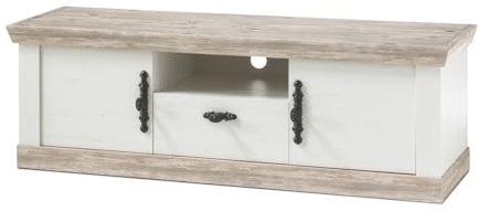 TV-Lowboard in weiß und Oslo Pinie Landhaus TV-Unterteil Fernsehtisch Fernseherunterschrank TV-Board Landhaus Stil 156 x 51 cm Rovola (Lowboard 2)