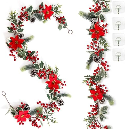 SOMYTING 2 Stück Künstliche Beerengirlande mit Grünen Blättern Weihnachtsgirlande mit Roten Beeren Girlande Weihnachten Tanne Girlande Rote Beerengirlande für Hochzeit Kamin Treppe Tischdekoration