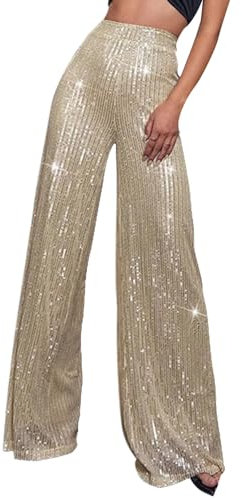 DeaAmyGline Pailletten Hose Damen High Waist - Weite Hose Damen Glitzer Hose Damen Elegant Haremshose Schlaghose Hochzeit Party Streetwear Freizeithose Weites Bein Lose Festliche Lange Hosen Frauen