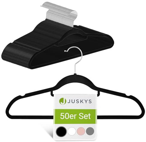 Juskys Kleiderbügel Samt 50er Set - Bügel rutschfest, schmal, platzsparend - Samtbügel beflockt - Haken drehbar - 50 Stück Aufhänger Schwarz