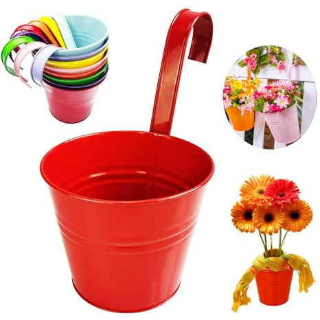 8 PCS Metall hängende Pflanzentöpfe, hängende Garten Blumen Eimer, Balkon Innendekoration, mit Drainage Löcher und abnehmbaren Haken(Kaliber 16cm, farbig)