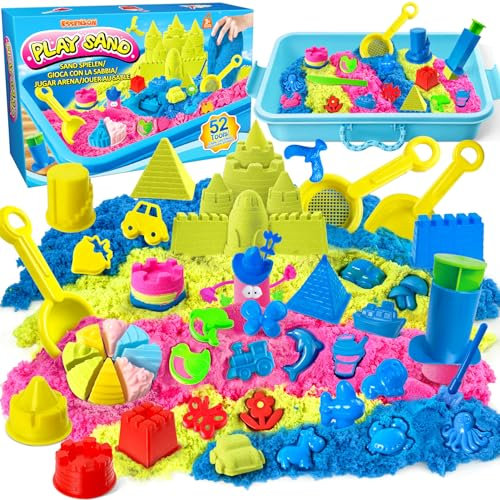 ESSENSON Sensory Bin - 52 PCS Play Sand Kit with Magical Sand, Beach Toys Castle Molds, Sensory Toy Sandbox, Kids Gifts for Girls and Boys