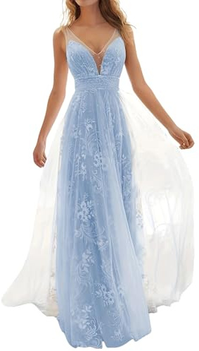 Abendkleid Damen Lang, Hochzeitskleid Damen Spitzen V-Ausschnitt,Kleider Damen Festlich Elegant Brautkleid Brautjungfernkleider Abendkleider Elegant Hochzeit Gast Ballkleid Partykleid für Fauen