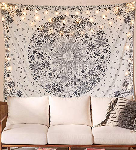 Neasow Bohemian Tapestry Wandbehang, Beige White Floral Tapestry mit Dotted Daisy Medallion Print Schlafzimmer Boho Hippie Home Decor (Beige, 90×120cm)