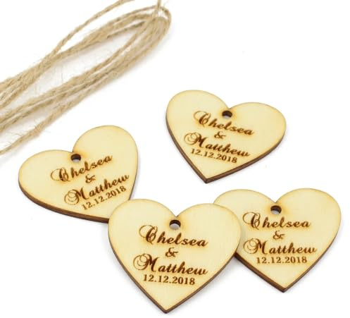 50 Stück personalisierter Land-Retro-Hochzeitsname, individueller Rotwein-Charm, Holz-Herzform-Etikett, Party-Geschenkanhänger, Babyparty-Dekoration(3.5 CM)