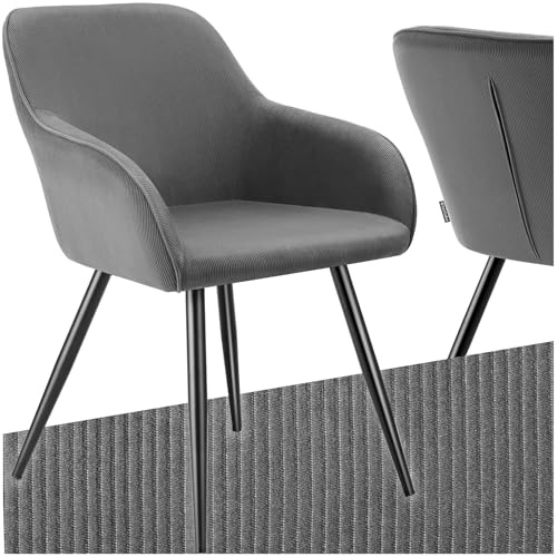 tectake® Sedia Velluto a Coste con Braccioli, Sedia Sala da Pranzo con Gambe in Acciaio, Comoda Poltrona Salotto con Imbottitura Schiuma ad Alta Densità, Poltrona Antiscivolo - Grigio/Nero