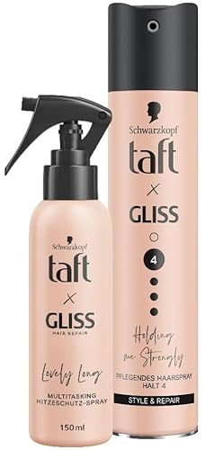 Taft x Gliss FIX-SET Holding me Strongly Haarspray Haltegrad 4 (250 ml), Styling Spray & Hitzeschutz-Spray Lovely Long (150 ml), Multitasking-Spray, Hitzeschutz bis zu 230°