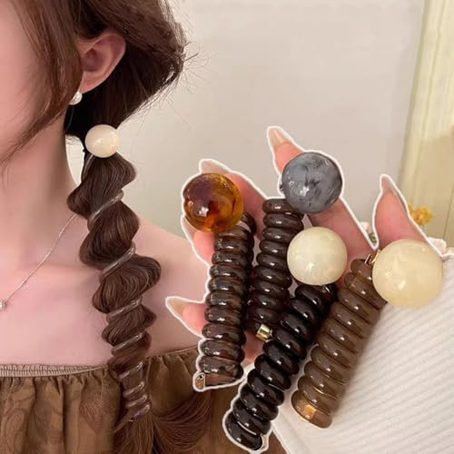 mdgfge Bead Bubble Telephone Wire Hair Bands New Phone Cord Straight Spiral Hair Ties Elastic Coils Multi Color Hair Scrunchies Ponytail Braids Fixed Hair Rope Hair Accessories for Women (4Pcs)