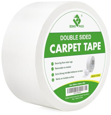 BOMEI PACK Nastro biadesivo per tappeti e moquette, rimovibile e sicuro in legno duro, 48mm x 25 m, ideale per tappeti, moquette o delicati pavimenti in legno duro (48MM X 25M)