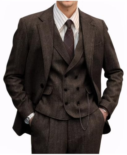Retro 3 Piece Suit for Men Dark Brown Mens Tweed Jacket Herringbone Suit Blazer Vest Pants Set Formal Wedding Tuxedo Men 3XL